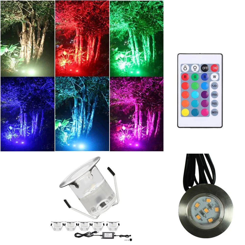 DC 12V RGB LED Deck Light IP67 Waterproof 16 Colors Recessed Landscape Lamp for Yard Garden Pathway Outdoor