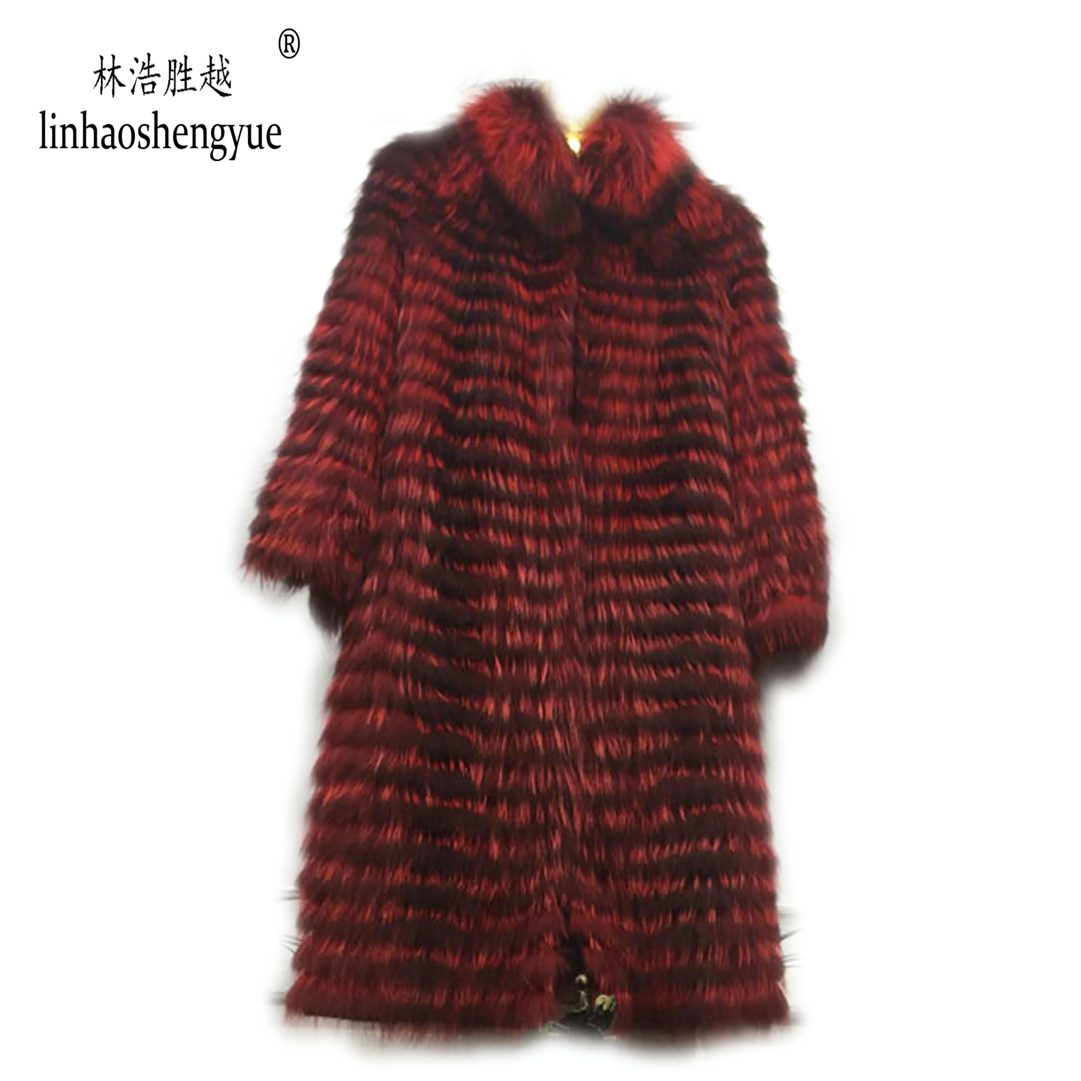 Linhaoshengyue  90cm Long Real Silver Fox  Nature Fur Coat  Wool  Knit Liner,Stylish Stand Collar