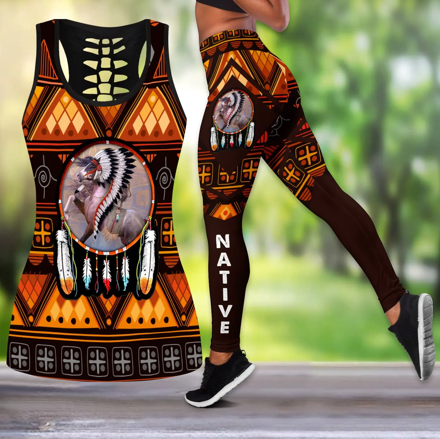 Cavalo nativo indiano 3d todo impresso oco regata & leggings conjunto de fitness feminino comprimento total leggings calças corrida ddk70