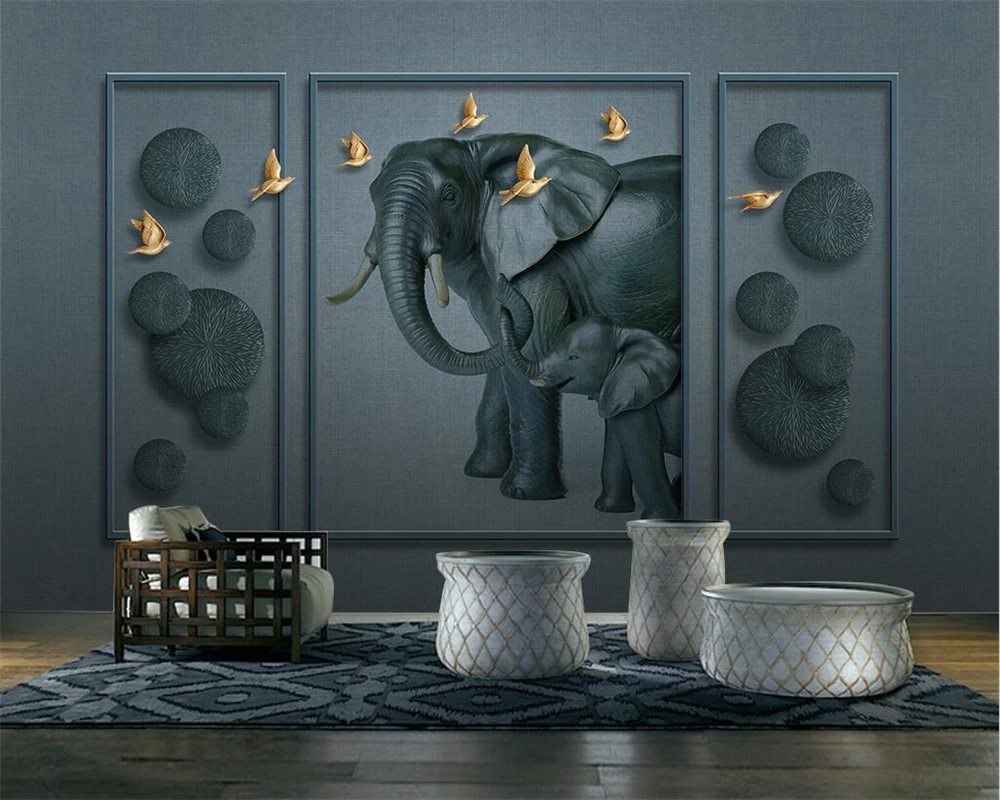 

Custom Mural 3D Embossed Mother and Child Elephant Flying Bird Screen New Chinese Background Wall Living Room Bedroom Wallpapers