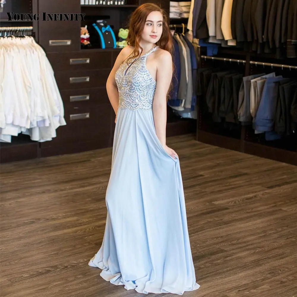 

Beautiful Sky Blue Prom Dress Halter Backless Sleeveless Beading Sequines Sweep Train Floor Length A Line Bridal Gown 2021