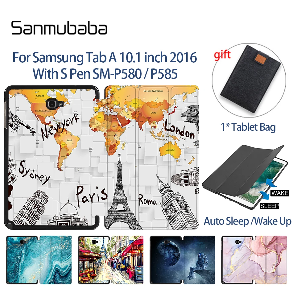 Sanmubaba Case for Samsung Galaxy Tab A 10.1 With S Pen SM-P580 P585 PU Leather Fold Flip Stand Cover Smart Tablet Case Funda