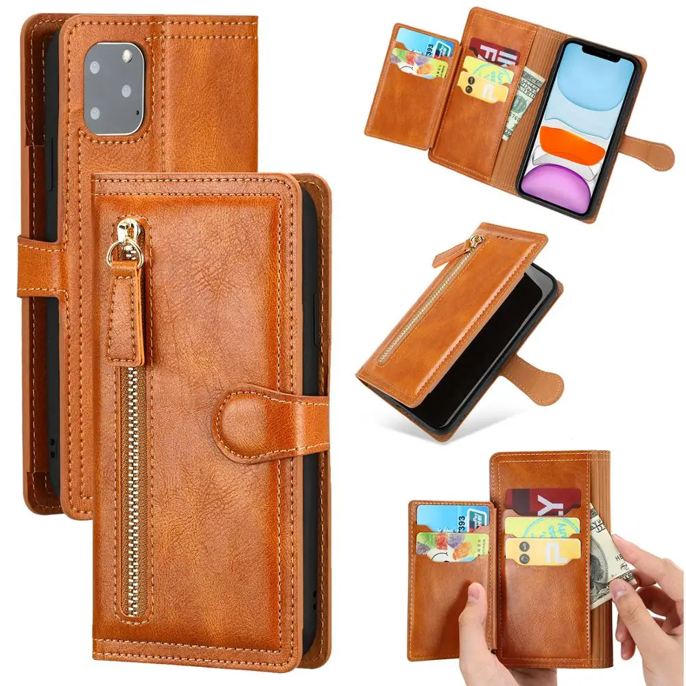 

Luxury Leather Zipper Flip Wallet Case for iPhone 11 Pro Max, Card Holder Stand, Phone Cover Coque