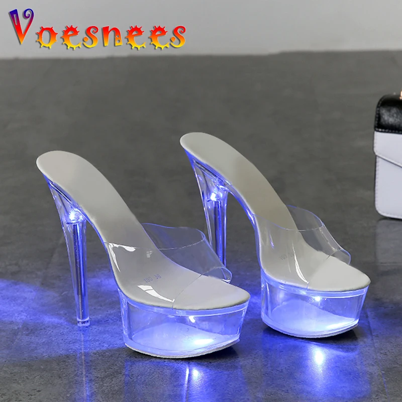 Pantofole donna scarpe trasparenti illuminano sandali luminosi piattaforma 15cm tacchi alti leggeri Sexy Stripper colorato Pole Dance scarpe da donna