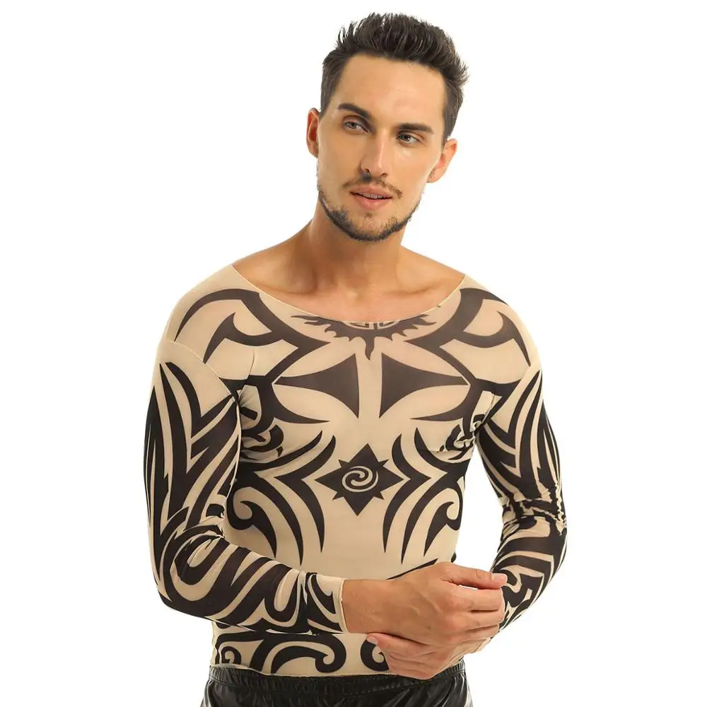 Mens Man Full Sleeve 3D Tattoo Shirts Men Boys Long Sleeve Sweater Tattoo T-Shirts Clothes Hiphop Street Dance Costumes Outfit