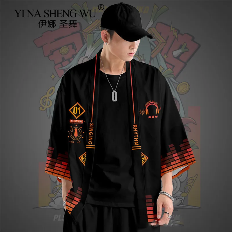 Japanese Style Kimono Samurai Sun Protective Jacket Blouse Yukata Haori Obi Men Traditional Coat Male Asian Cardigan Costume New