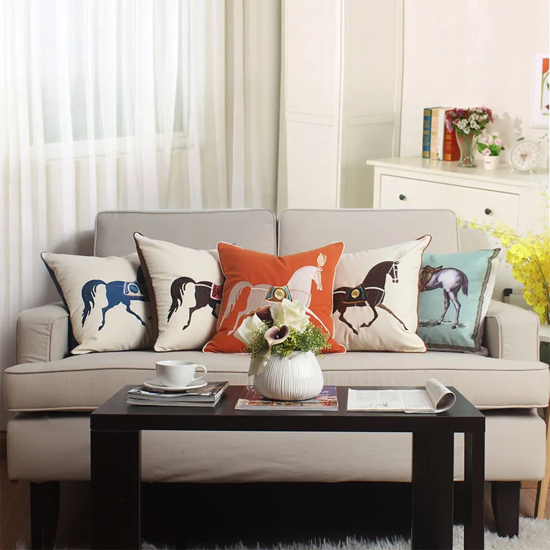 Velvet Fabric Embroidery Horse Modern Style Home Sofa Cushion Cover Pillowcase Without Core Living Room Bedroom Cushion 45cm