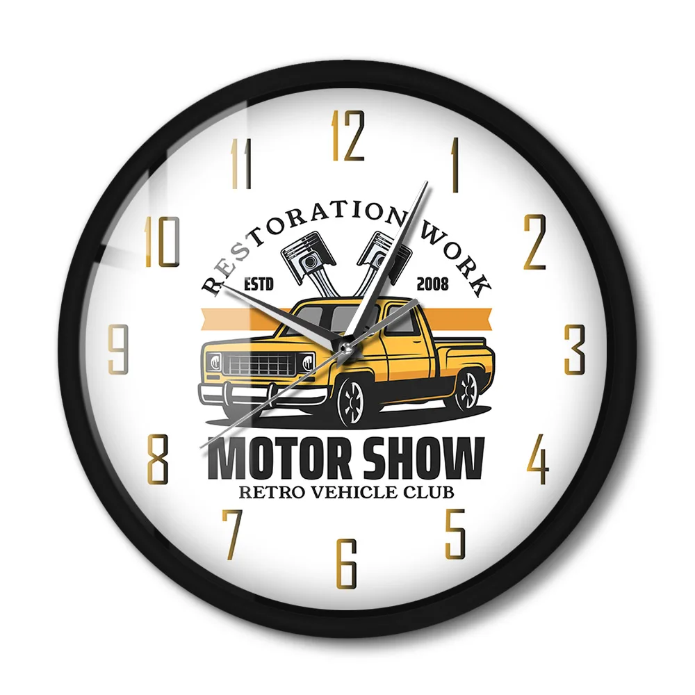 Restoration Work Yellow Automobile Car Wall Clock LED lLight Garage Tools Motor Show Retro Vehicle Club Sound Activated Watch