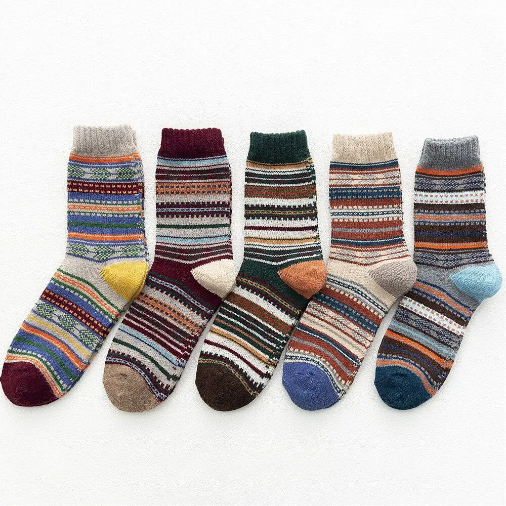 5 Pairs/Set Retro Womens Mens Winter Thermal Socks Snow Velvet Boots Warm Soft Wool Thick Nordic Sock Sleep Socks
