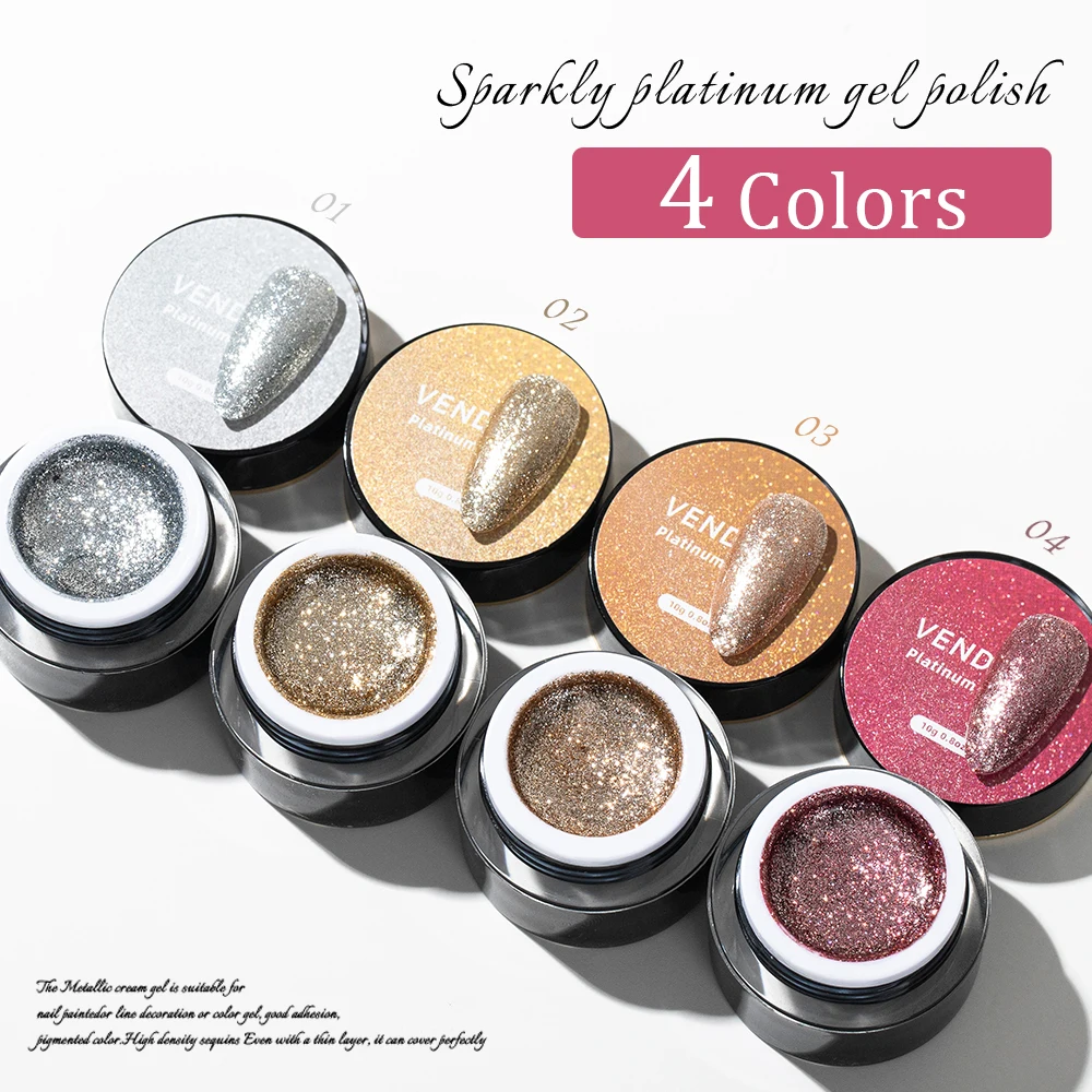Vendeeni 4 Farben Glitzer-Platin-Gel-Nagellack Feines Pulver Hybrid Funkelnder UV-Gel-Lack Glänzender Nail-Art-Liner-Gel-Lack – Detail 1