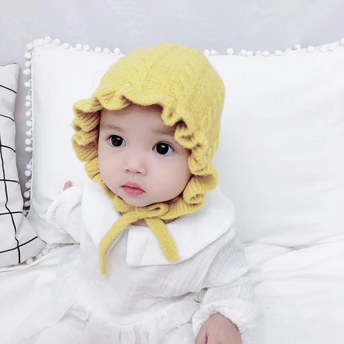 Pure color lace children's hat princess hat knitted woolen hat baby winter warm hat 0 to 2 year old baby toddler winter hat