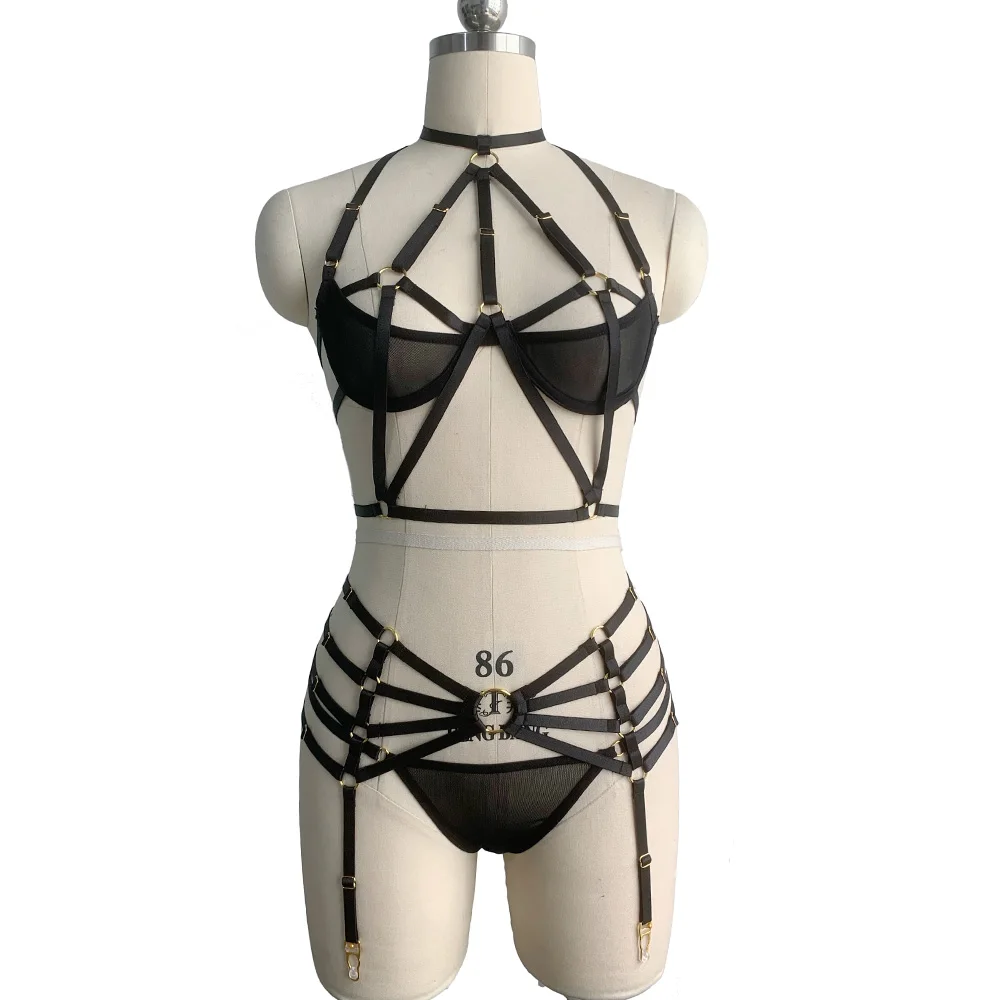 

Black Body Harness Set Women Crop Top Body Cage Mesh Harness Bra Rave Bondage Leg Garters Belt Punk Translucent Mesh G-String