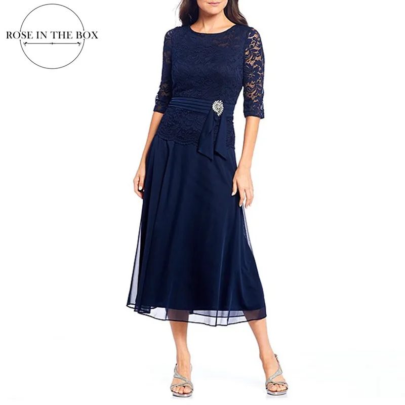 Renda corpete ruched cintura com broach mãe da noiva vestidos 3/4 manga plus size mãe vestidos de noite de madrina