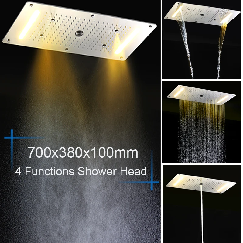 2024 Luxury Recessed Ceiling Large Rainfall Massage 4 functions Showerhead Column Misty Waterfall LED Thermostatic Mixer Set