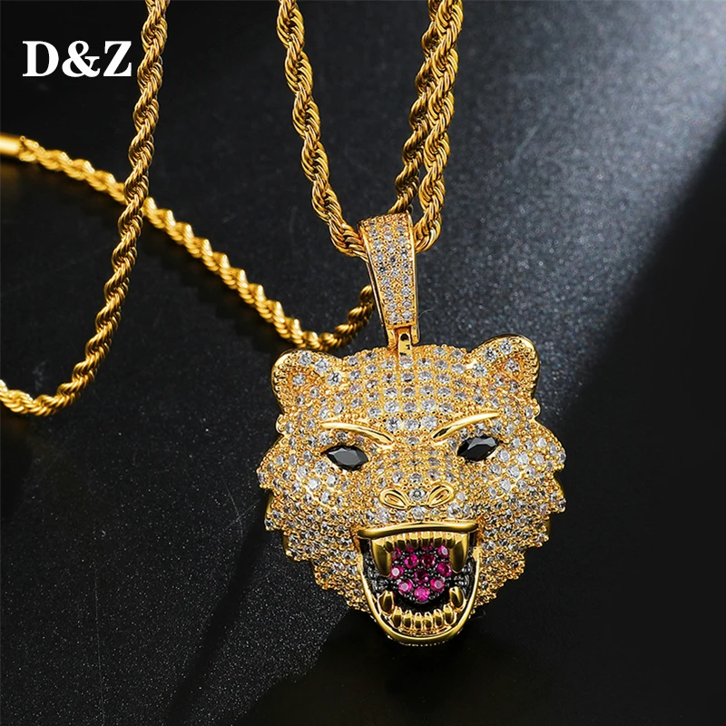 D&Z AAA CZ Stone Paved Bling Iced Out Wolf Head Pendants Necklace for Men Rapper Jewelry Iced Out Gold Silver Color Animal Shape