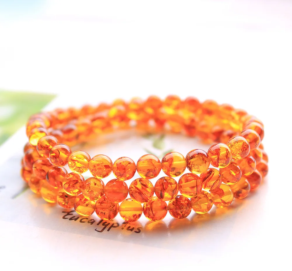 Natural Piebald Amber Orange Clear 3 Laps Bracelet 6mm Round Beads Women Men Fashion Rare Healing Stone AAAAA