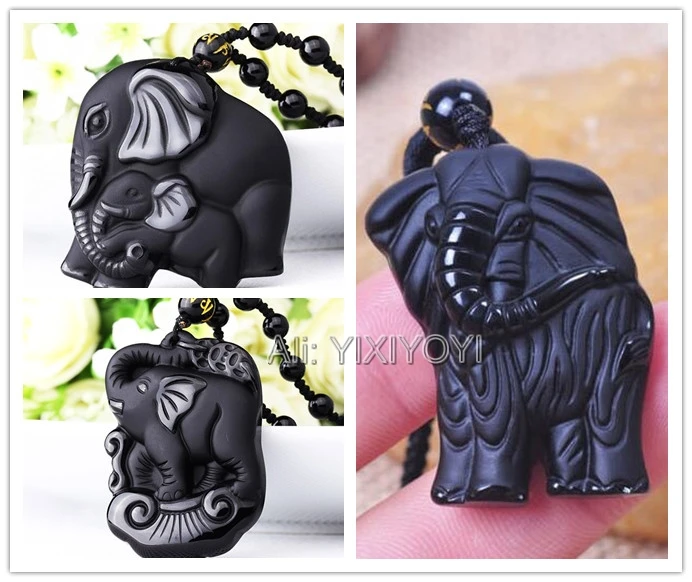 Beautiful Chinese Handwork Natural Black Obsidian Carved Cute Elephant Lucky Pendant Amulet Beads Necklace Charm Gift Jewelry