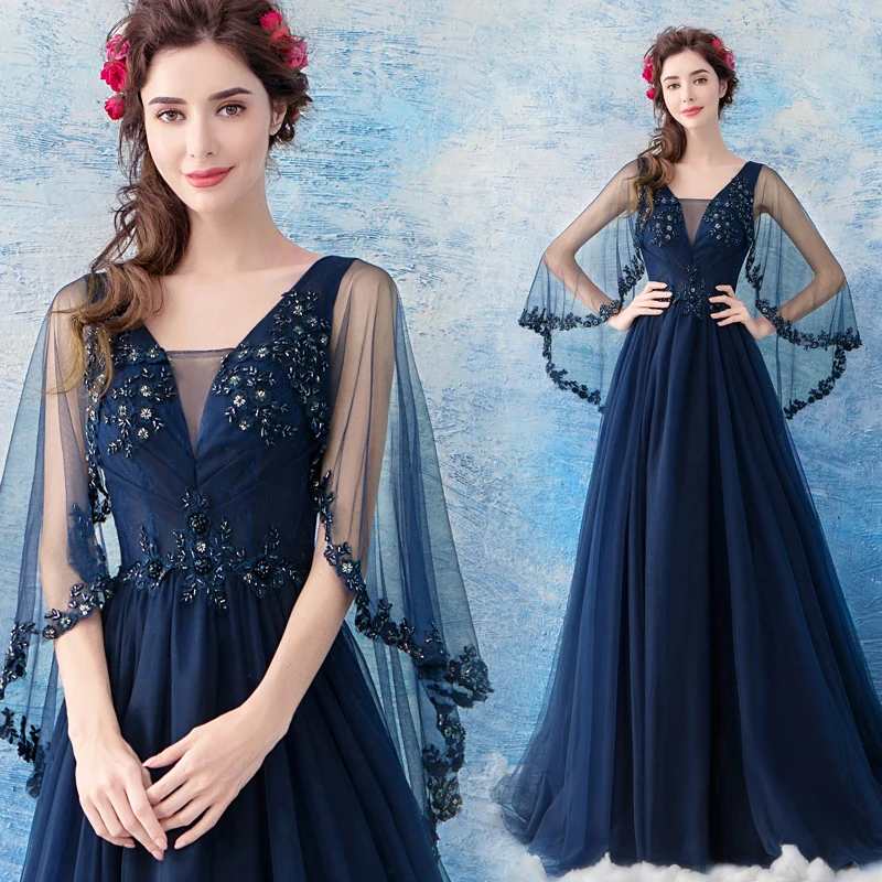 

New navyblue long lady girl women princess banquet party prom performance dance ball dress gown free shipping