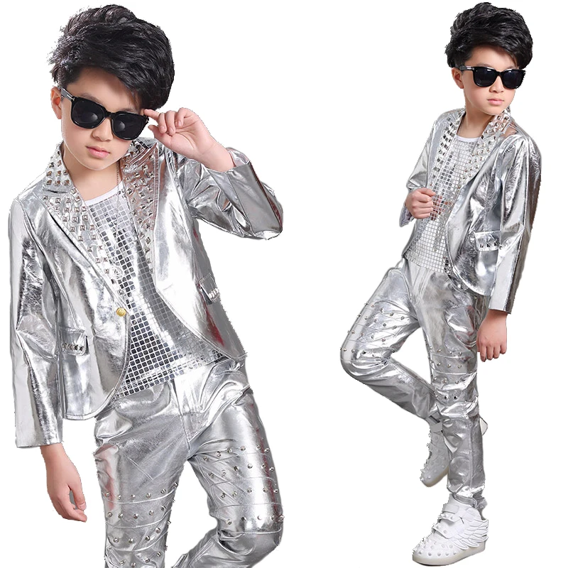 2020 Hip Hop Costumes Boys Long Sleeves Rivets Silver Coat Vest Pants Kids Jazz Performance Clothing Modern Stage Wear DNV14063