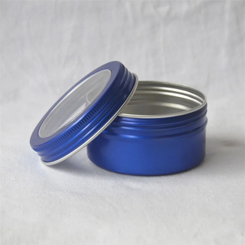 200pcs 80ml Blue Round Aluminum Jar with Window Lid Empty Cosmetic Metal Aluminum Tin Cosmetic Face Cream Containers Jars