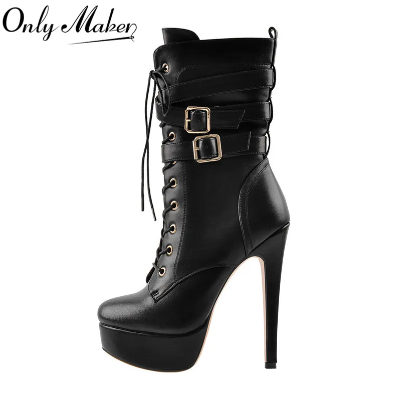 Onlymaker Women Platform Lace Up Ankle Boots Black Matte High Thin Heel Fashion Stiletto Buckle Side Zip Winter Short Booties