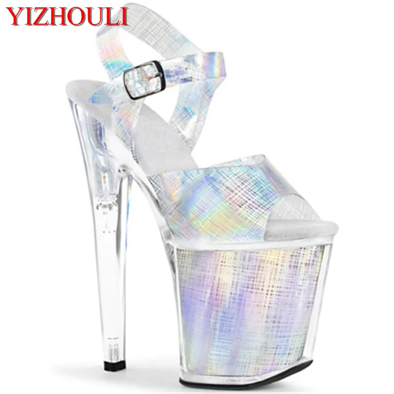 

8 "summer sandals, magic color changing material vamp, crystal soles party, model with 20 cm high heels, dancing shoes