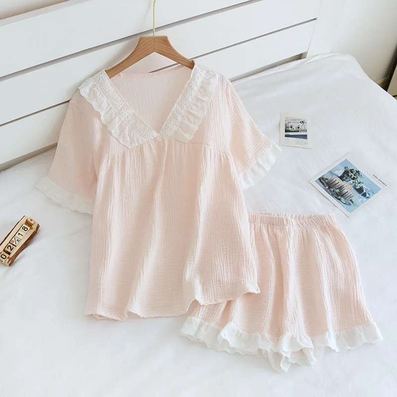 Summer 100% Cotton Gauze Japanese Ins Style Pajamas for Women Short-sleeved Shorts Thin Two Piece Set V-Neck Solid Home Clothes