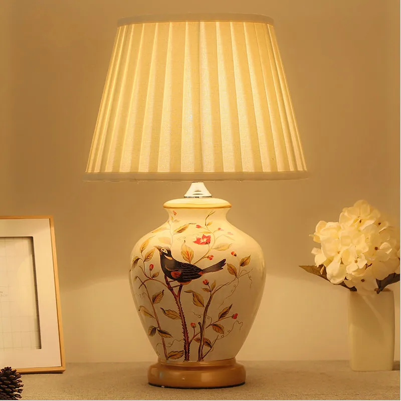 

Chinese white bird ceramic Table Lamps classic Touch/Dimmer linen lampshade E27 LED lamp for bedside&foyer&studio&tea room MF042