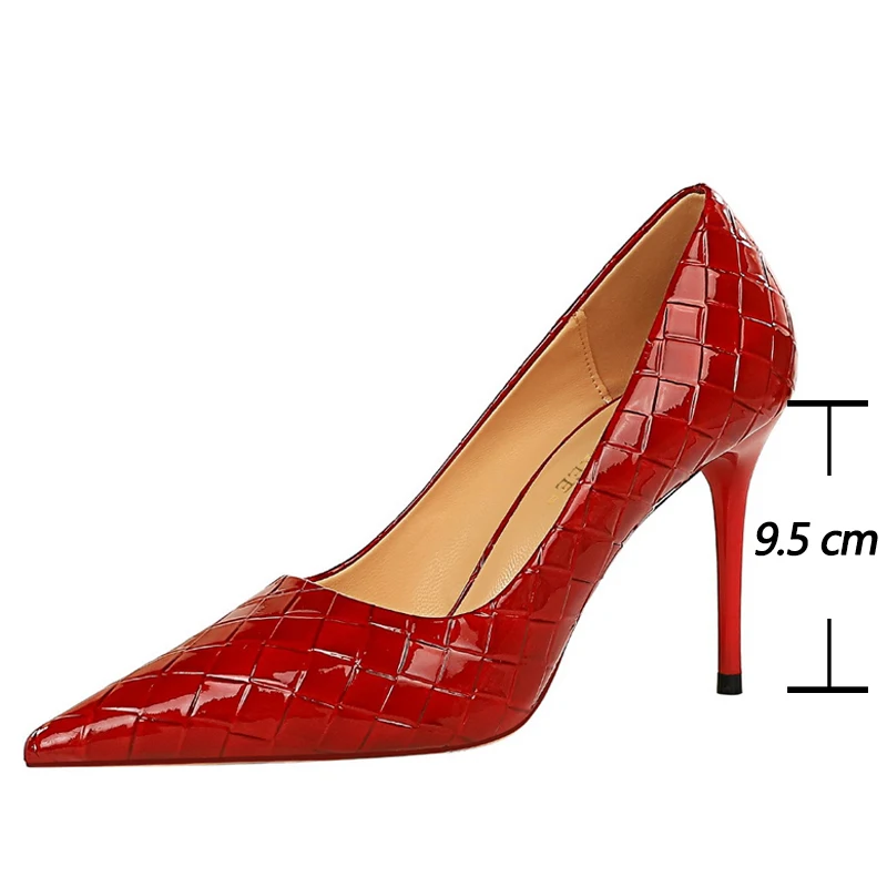 BIGTREE Shoes Woven Pattern Woman Pumps Patent Leather Pumps Shoes Women High Heels Lady Stiletto Sexy Party Shoes Plus Size 43