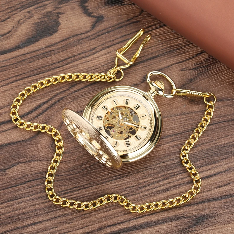 Luxury Gold Mechanical Pocket Watch Hollow Skeleton Hand Winding Stainless Steel Pendant Watch Chain Jewelry Clock for Men Women