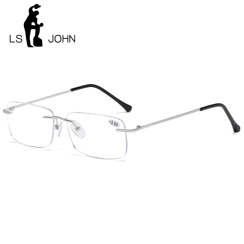 

LS JOHN Square Rimless Reading Glasses Men Women Ultralight Titanium Prescription Anti Blue Ray Presbyopic Eyewear +1.0 to +4.0