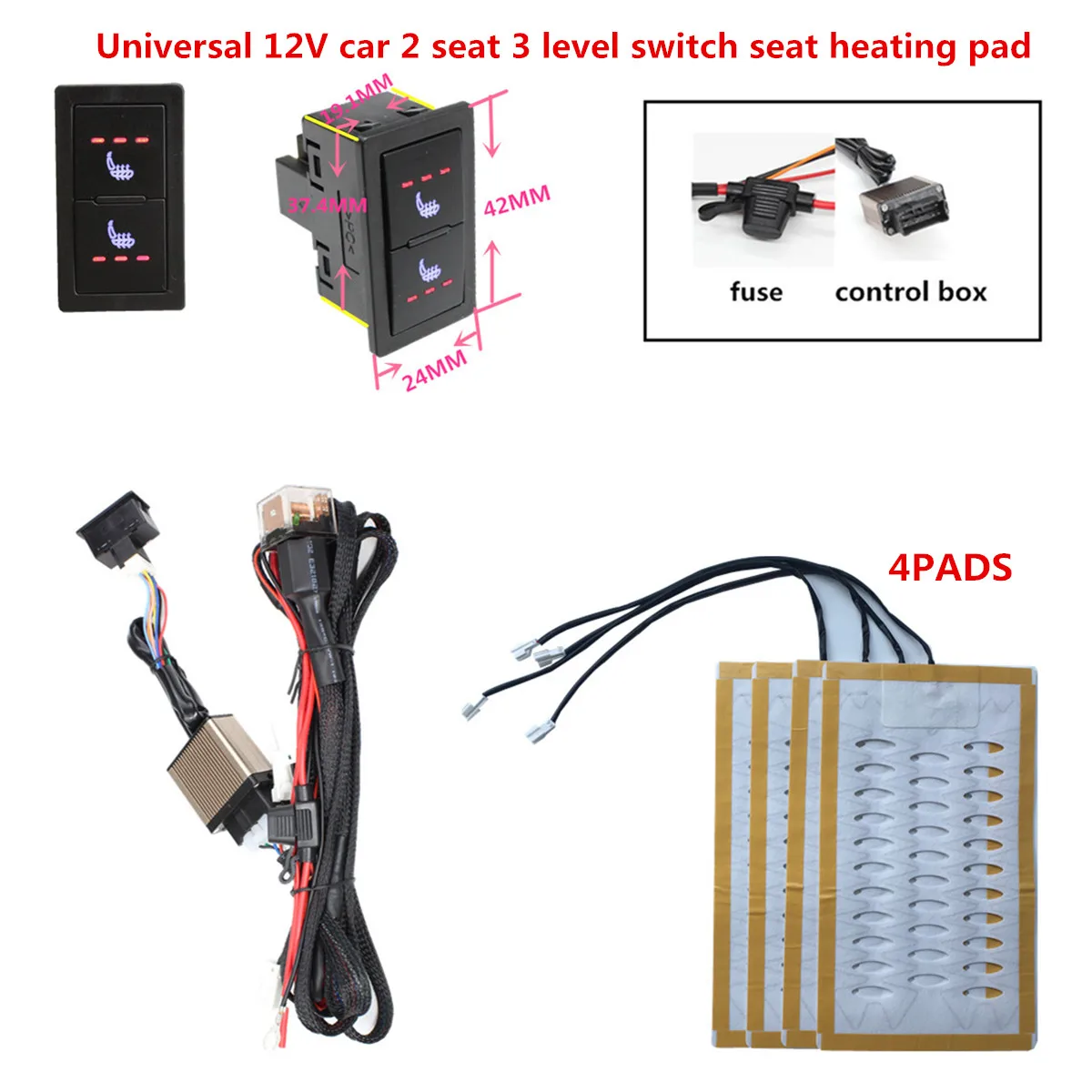 Universal 12V 3 Level Square Switch 4pcs Alloy wire Universal Car Heated heating Heater Seat Pads Winter Warmer Seat Covers