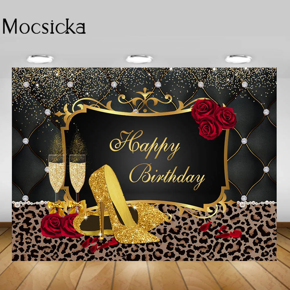 Mocsicka Women Birthday Party Backdrop Decor Balloon High Heel Glitter Happy Birthday Photography Backdrops Custom Banner Poster