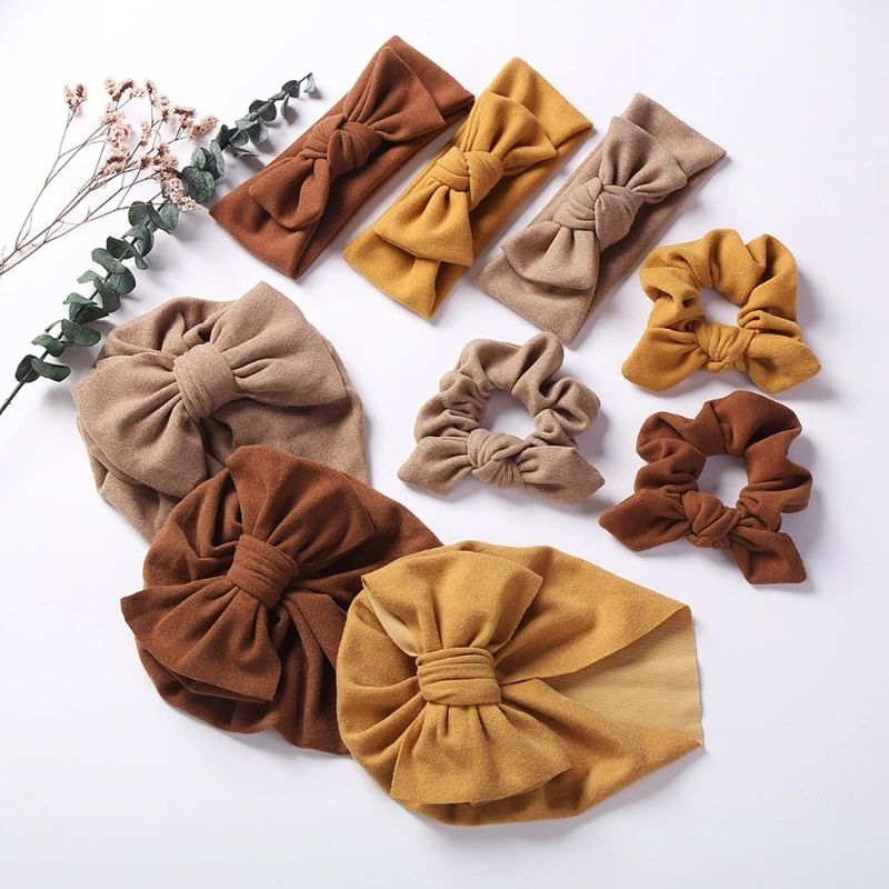 

3 Pcs Solid Color Faux Cashmere Baby Hat Elastic Bow Headband Bunny Ear Hair Scrunchies Band Set Newborn Turban Hats for 3M-3Y