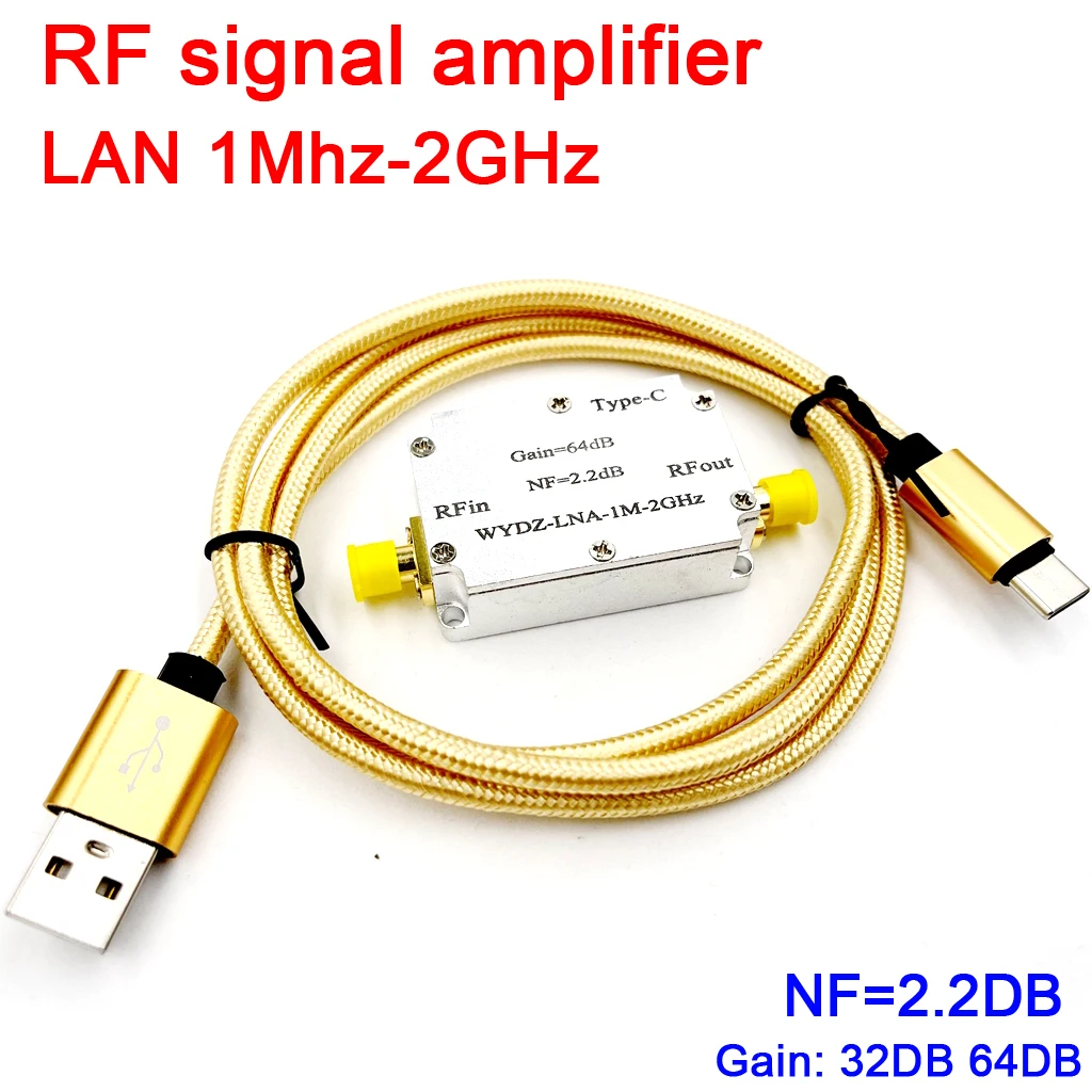 LNA 1Mhz-2GHz 32DB 60DB wzmocnienie NF 2.2dB wzmacniacz sygnału RF niski poziom hałasu wzmacniacz dla HAM SDR oprogramowanie radio FM radio TYPE-C moc
