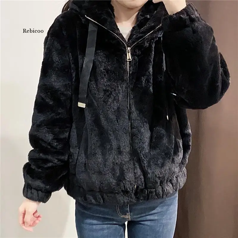 Causal Women Black Faux Fur Coats Fashion Ladies Zipper Jackets Streetwear Female Thick Hooded OuterCoat Chic Girl Coat