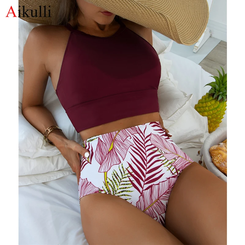 Brown Leaf Print High Waist Bikini Set Swimsuit Women High Neck Tankini Two Pieces Swimwear 2024 Sexy Female Sports Bathing Suit