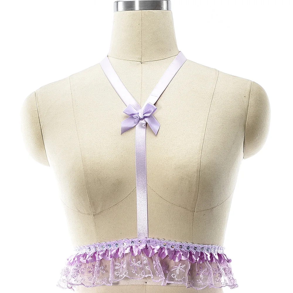 Light Purple Harness Bra Sexy Lingerie Bondage Body Cage Belt Goth Suspender Women Bow Open Chest Cage Bra kawaii Body Harness
