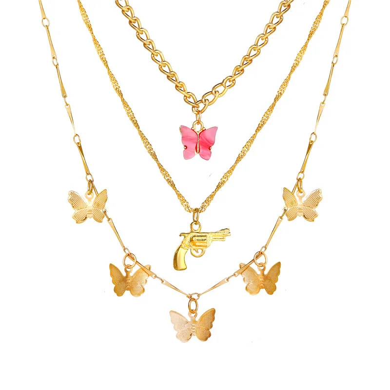 2021 Bohemia Style Women Necklace Gold Pistol Butterfly Necklace Multilayer Sweater chain Necklaces for Women Jewelry Gifts