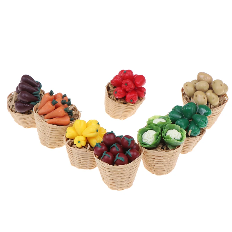 1:12 Mini Simulation Artificial Fruits and Vegetables Doll House Vegetable Bamboo Basket Miniature Accessories for Children