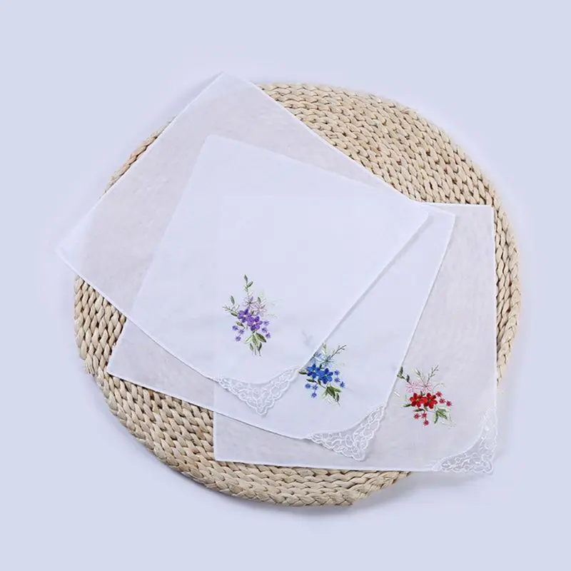 5Pcs Womens Cotton Handkerchiefs Floral Embroidered Butterfly Lace Pocket Hanky