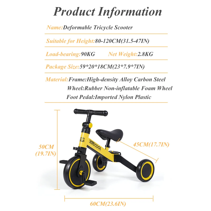 Infant Shining Children's Tricycle 3-in-1 Children's Scooter Balance Bike 1-6 Years Ride on Car 3 Wheels Non-inflatable