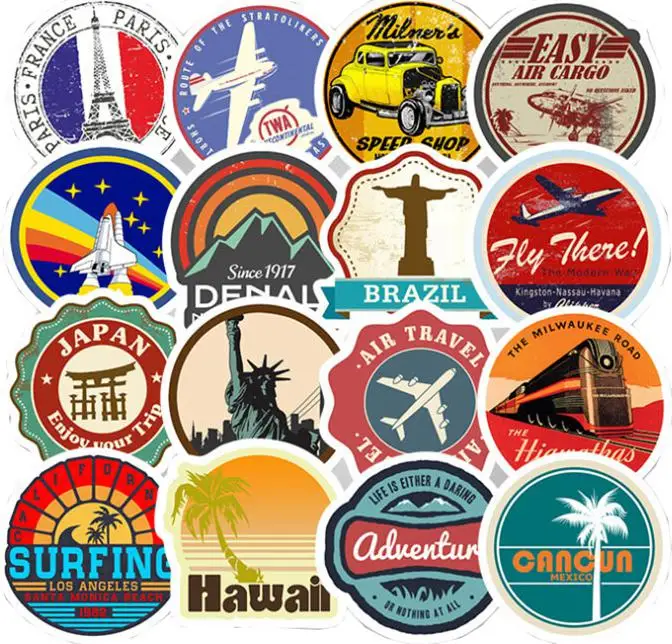 10/30/50pcs Retro Fashion Travel Tour Graffiti Decals Stickers  Skateboard Travel Suitcase  Pencil  Cases  Phone Laptop Stickers