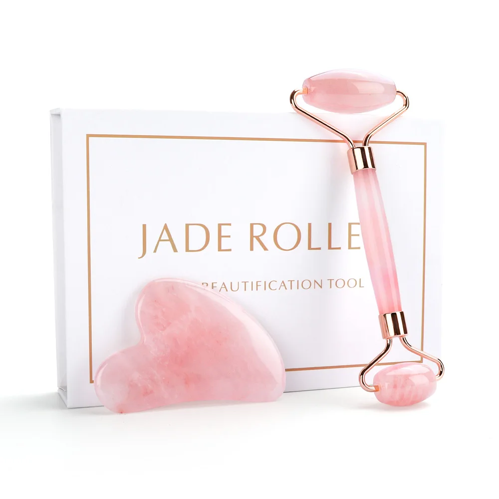 

Natural Rose Quartz Jade Roller Gua Sha Set Facial Body Massager Roller Jade Stone Massage Set Face Lifting Beauty Massage Tools