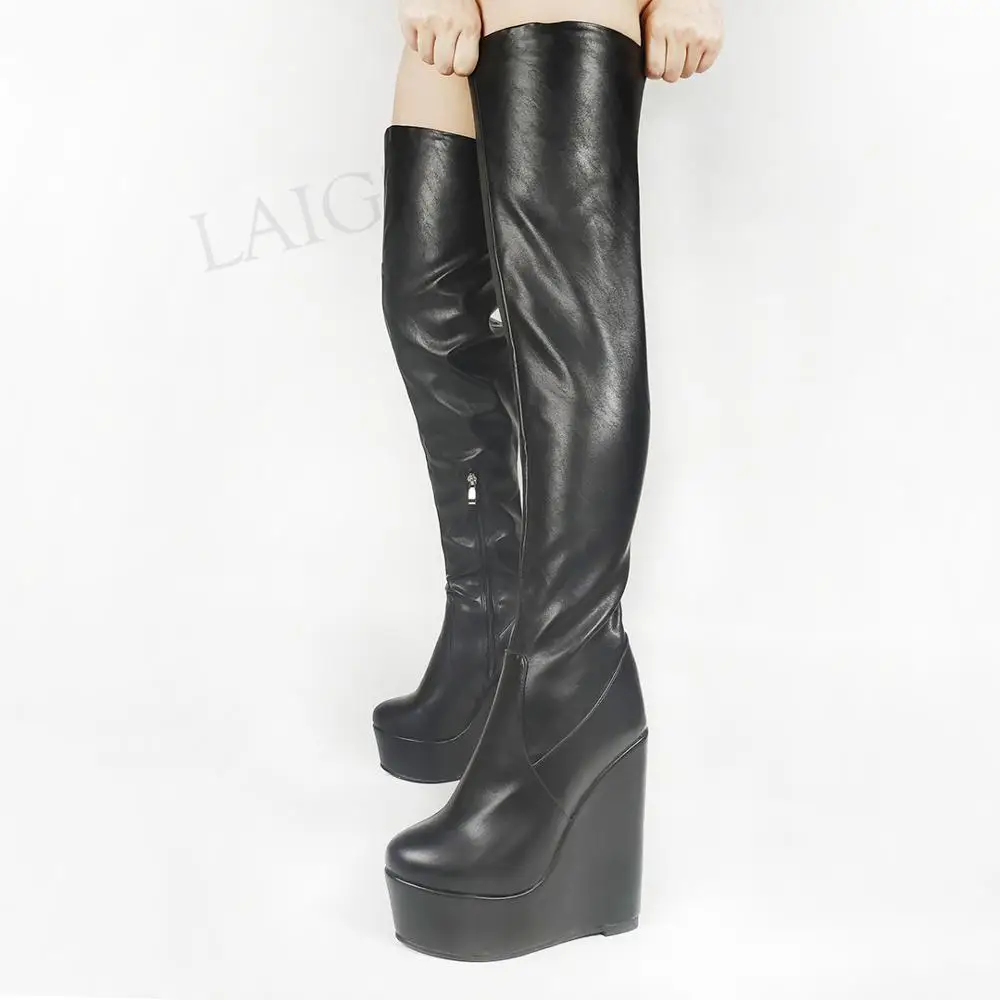 

LAIGZEM Women Over Knee High Platform Wedge Boots Faux Leather Zipper Heels Boots 2021 Botines Mujer Large Size 44 46 47 50 52