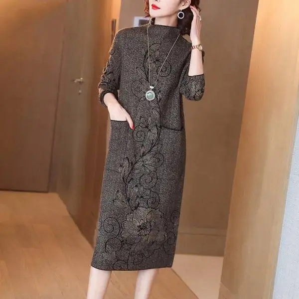 ZUOMANAutumn and Winter New Jacquard Knitted Dress Women Vintage Warm Mid-Calf Sweater Dress Lady Elegant Loose Turtleneck Dress