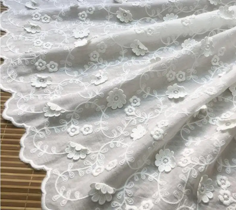 

Retro Off White Lace Fabric, 3D Flower Cotton Fabric, Bilateral Scalloped Bridal Fabric By The Yard