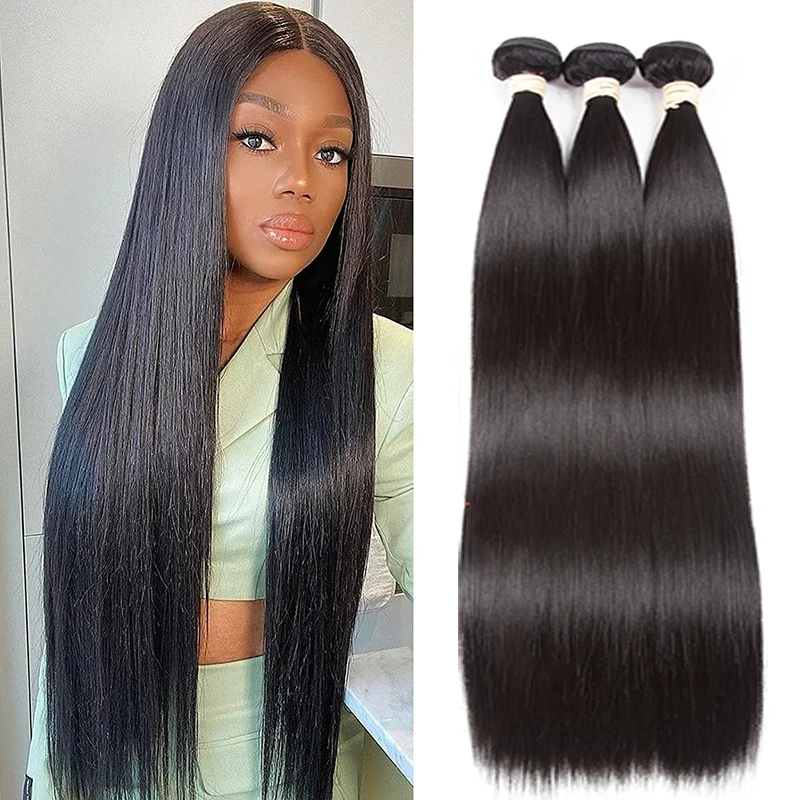 BEWATT VA − Extensions brésiliennes lisses, lot de 1/3/4 mèches de cheveux 100% naturels, qualité remy, couleur noire naturelle, pour femmes