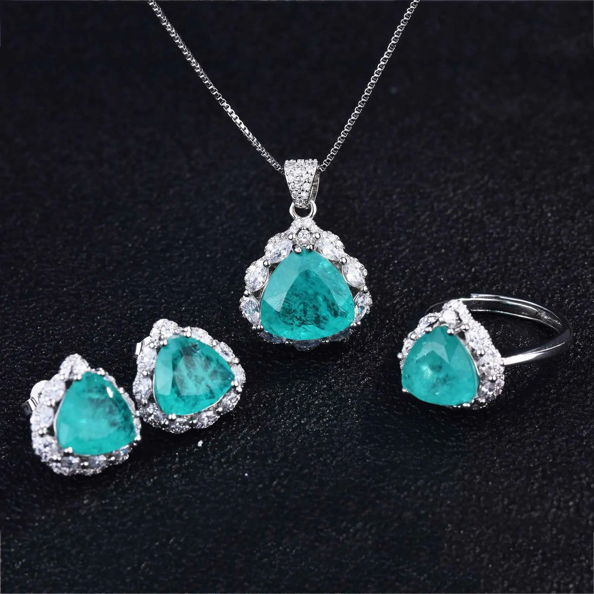 Vintage Simulation Triangle Paraiba Tourmaline Jewelry Sets For Women Pendant Necklaces Stud Earrings Rings Party Birthday Gifts