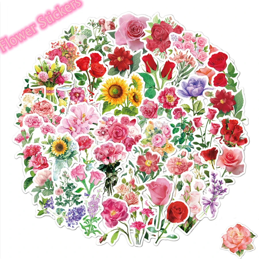 

50PCS Vinyl Pretty Flowers Stickers Waterproof Rose Floral Plants Stickers DIY Stickers for Notebook Scrapbook Computer Phone